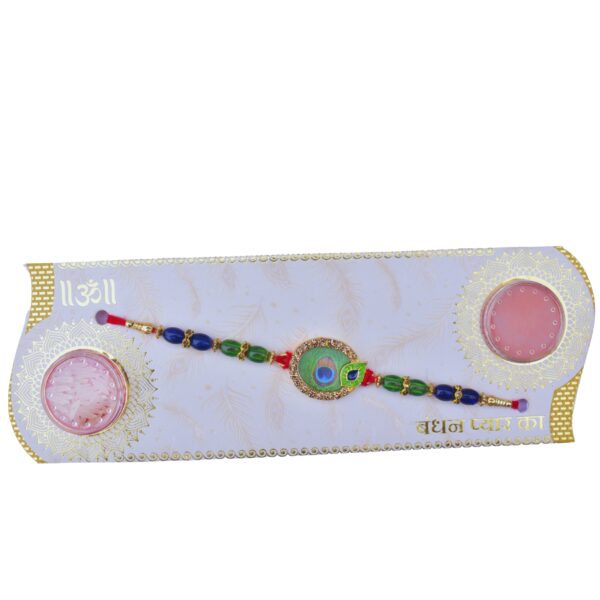 Krishna Mayur Rakhi with Sindoor and Chawal for Brother for Raksha Bandhan - Image 4