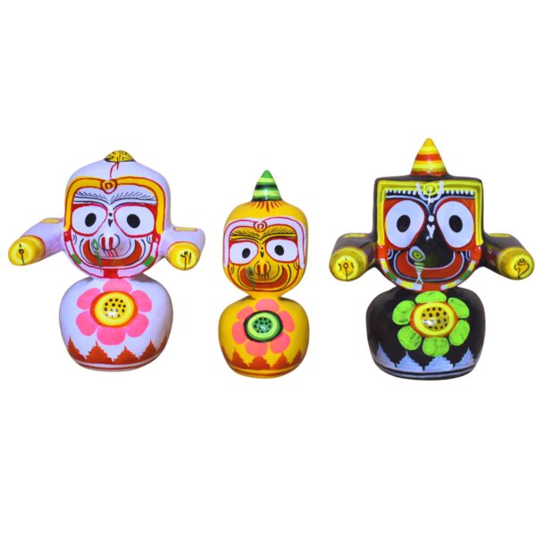 Jagannath World Shree Lord Jagannath Balaram and Subhadra Maa Neem Wood Idol 4-Inch (White Black Yellow)