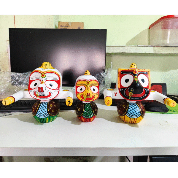 8- Inch Handcrafted Neem Wood Jagannath Balabhadra Subhadra Sudarshan Idol Set | Traditional Wooden Puri Idol for Pooja & Home Temple - Image 5