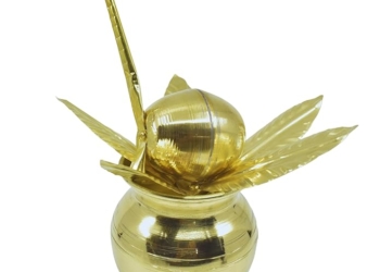 4.5Inch Brass Mangal Kalash Intricate Coconut and Mango Leaf, 3 Piece