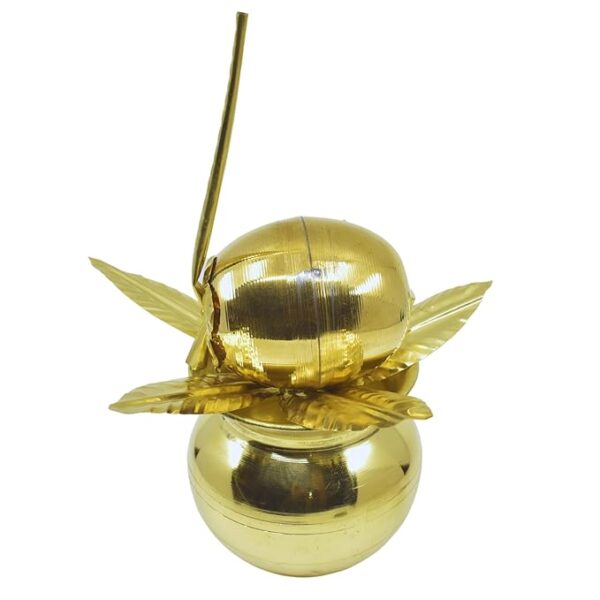 5.5 Inch Brass Kalash for Worship with Traditional Coconut and Mango Leaf (Pack of 3)