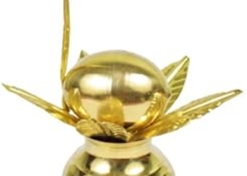 Mangal Kalash with Brass Nariyal and Leafs | for Diwali Pooja Metallic Coconut Mango Leaves,Small Size Brass Kalash (Height: 4.5 inch, Gold)
