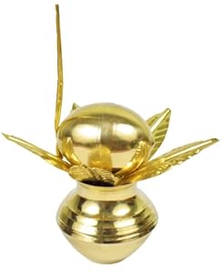 Mangal Kalash with Brass Nariyal and Leafs | for Diwali Pooja Metallic Coconut Mango Leaves,Small Size Brass Kalash (Height: 4.5 inch, Gold)