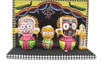 Lord Jagannath, Balabhadra, Subhadra Idol with Sudarshan Chakra Statue in Wooden Stand Showpiece (Multicolour)