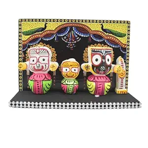 Lord Jagannath, Balabhadra, Subhadra Idol with Sudarshan Chakra Statue in Wooden Stand Showpiece (Multicolour)