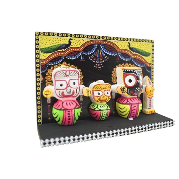 Lord Jagannath, Balabhadra, Subhadra Idol with Sudarshan Chakra Statue in Wooden Stand Showpiece (Multicolour) - Image 6