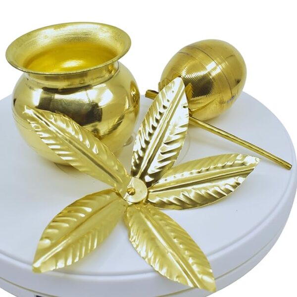 5.5 Inch Brass Kalash for Worship with Traditional Coconut and Mango Leaf (Pack of 3) - Image 3