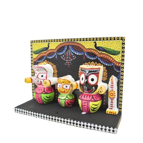 Lord Jagannath, Balabhadra, Subhadra Idol with Sudarshan Chakra Statue in Wooden Stand Showpiece (Multicolour) - Image 4