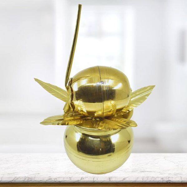 5.5 Inch Brass Kalash for Worship with Traditional Coconut and Mango Leaf (Pack of 3) - Image 6