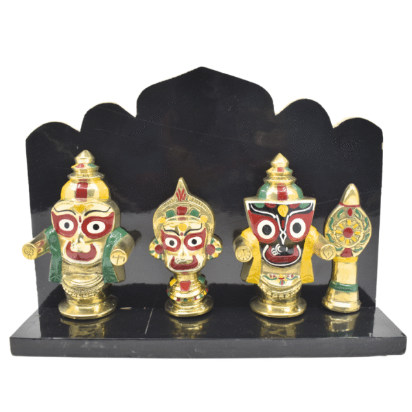 Brass Lord Jagannath Balabhadra Subhadra with Sudarshan Chakra | 4 Inch Idol Set in Wooden Stand | Puri Style Deities - Image 3