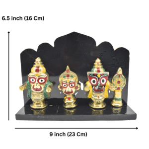 Brass Lord Jagannath Balabhadra Subhadra with Sudarshan Chakra | 4 Inch Idol Set in Wooden Stand | Puri Style Deities