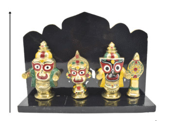 Brass Lord Jagannath Balabhadra Subhadra with Sudarshan Chakra | 4 Inch Idol Set in Wooden Stand | Puri Style Deities