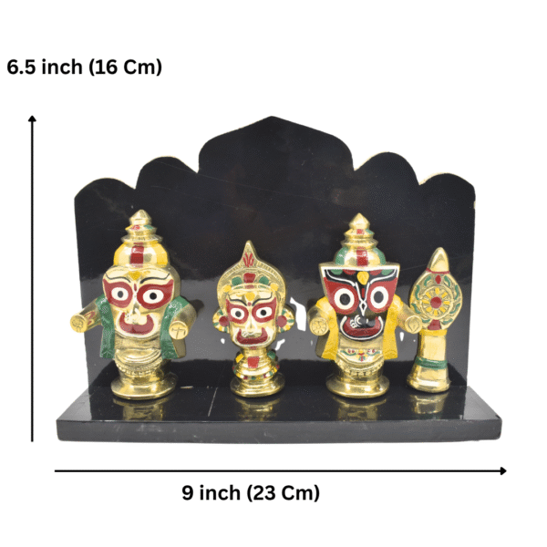 Brass Lord Jagannath Balabhadra Subhadra with Sudarshan Chakra | 4 Inch Idol Set in Wooden Stand | Puri Style Deities