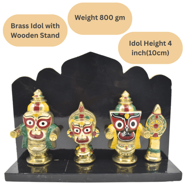 Brass Lord Jagannath Balabhadra Subhadra with Sudarshan Chakra | 4 Inch Idol Set in Wooden Stand | Puri Style Deities - Image 2