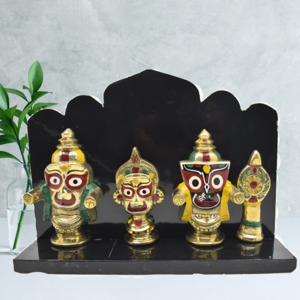Brass Lord Jagannath Balabhadra Subhadra with Sudarshan Chakra | 4 Inch Idol Set in Wooden Stand | Puri Style Deities - Image 5