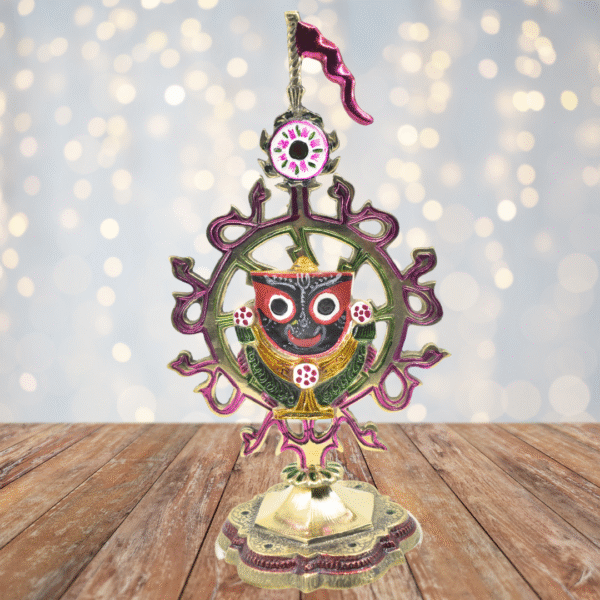 Brass Lord Jagannath Idol in Brass Nilachakra | 10 Inch Decorative Nilchakra Showpiece | Puri Style Design - Image 2