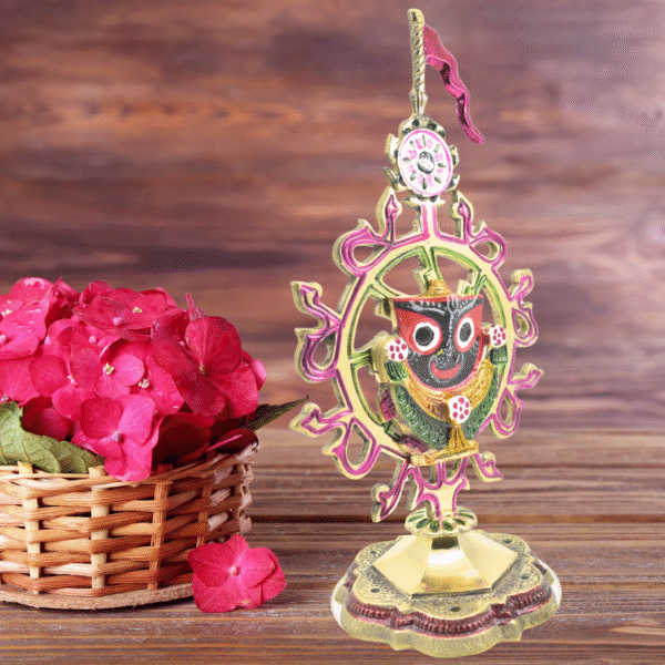 Brass Lord Jagannath Idol in Brass Nilachakra | 10 Inch Decorative Nilchakra Showpiece | Puri Style Design - Image 3