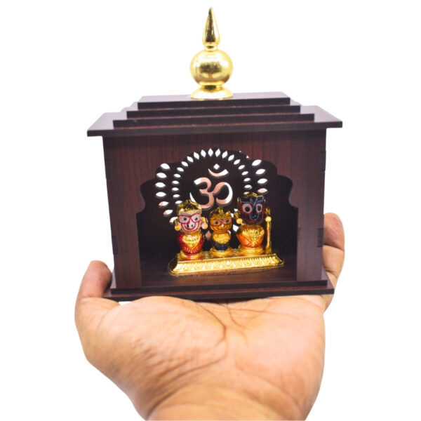 13cm Height Lord Jagannath Idol in Wooden Temple| Metal Murti in Miniature Mandir | (Pack of 1)