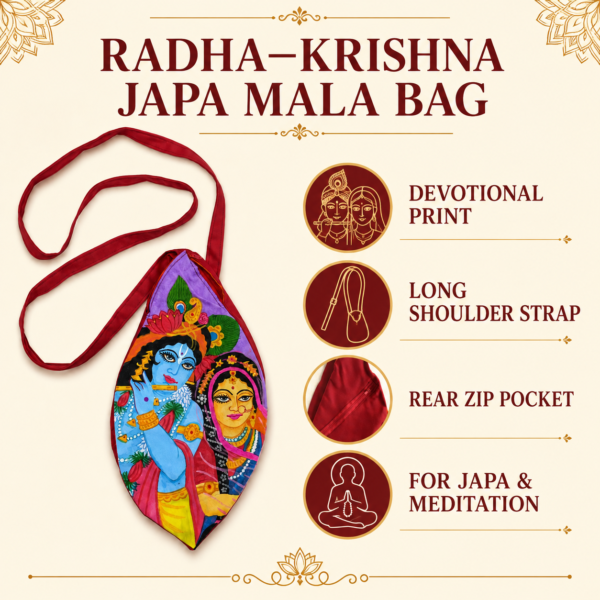 Radha Krishna Printed Japa Mala Gomukhi Shoulder Bag with Rear Zip Pocket, 11 × 5.5 Inch