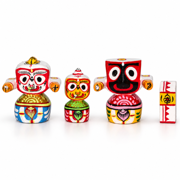 Colourful design pure neem wood Jagannath Balabhadra Subhadra and Sudarshan idol set – White Background